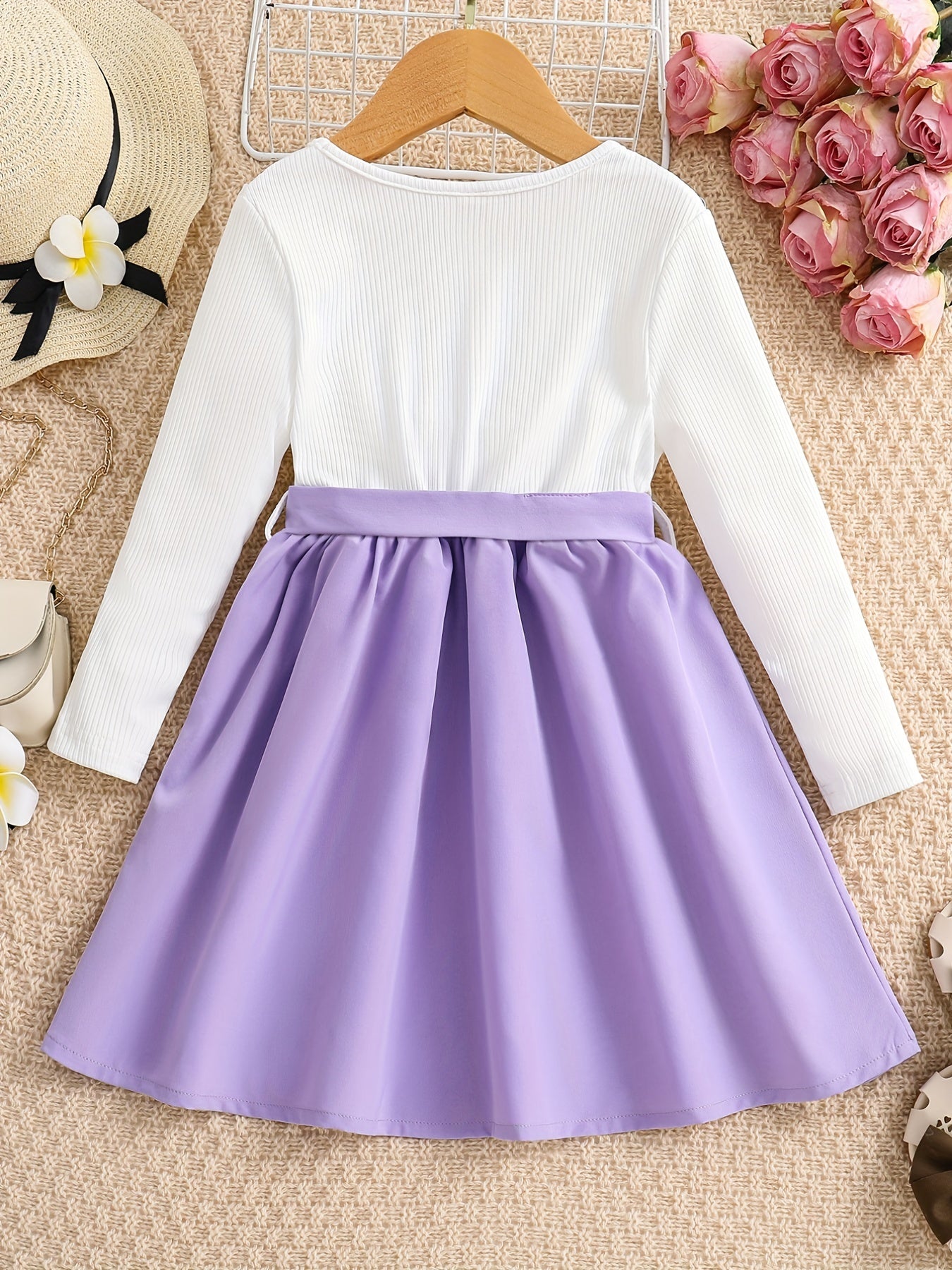 Girls' Elegant Floral Print Long Sleeve Dress with Ruffled Hem & Waist Tie - Knee-Length A-Line Skirt, Round Neck, Non-Stretch Fabric, All-Season Casual to Formal Outfits NovaCart
