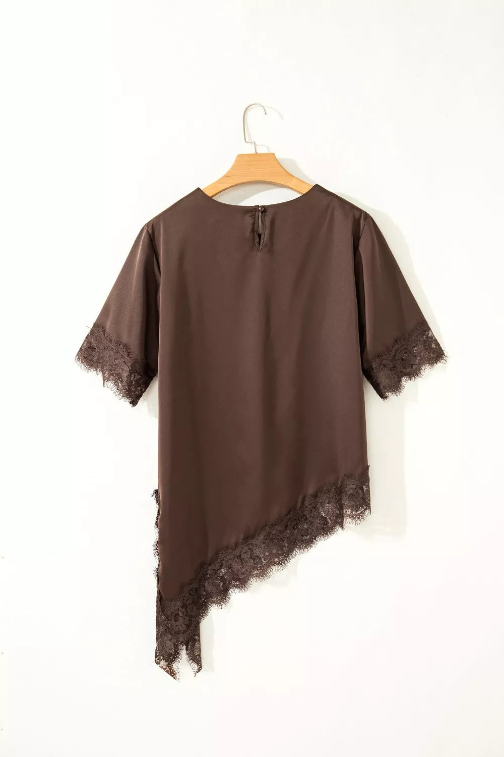 Asymmetric Lace Trim Short Sleeve Satin Top New Era Fashion LLc