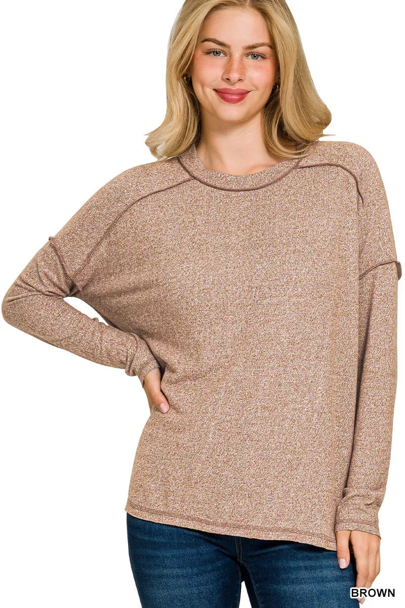 Zenana Full Size Melange Hacci Exposed Seam Hi-low Tee Plus Size Garden Naked Curves