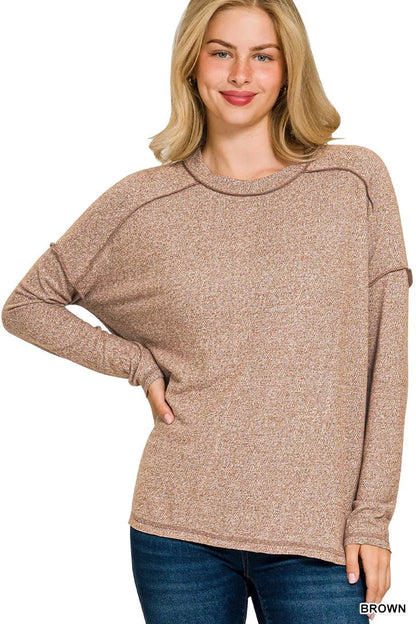 Zenana Full Size Melange Hacci Exposed Seam Hi-low Tee Plus Size Garden Naked Curves