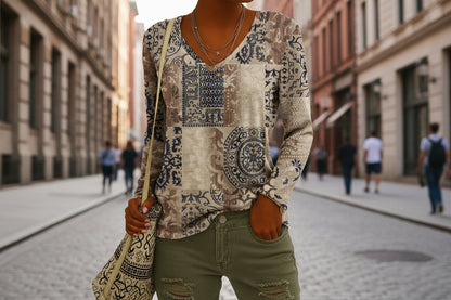Women's Ethnic Print V-Neck Long-Sleeve Pullover Top FitiqueFit