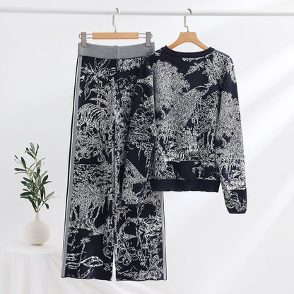 Knitting Patterns Two-piece Set Pullover Long Sleeve Sweater High Waist Wide Leg Top Suit Grayceful LLC