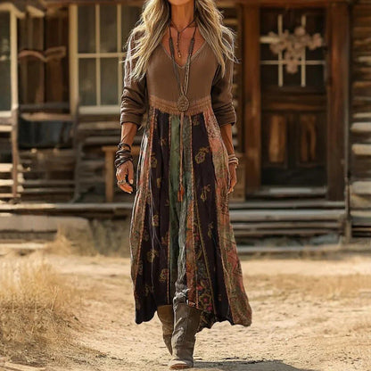 Women's Retro Chic 3D Print V-Neck Long-Sleeve A-Line Dress FitiqueFit