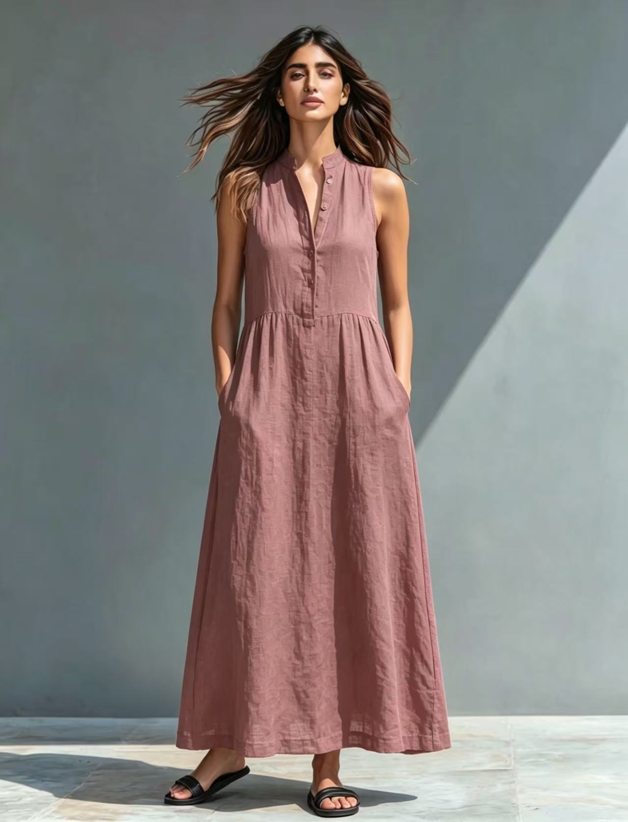 Women's Stand-Collar A-Line Maxi Dress – Resort & Vacation Style FitiqueFit