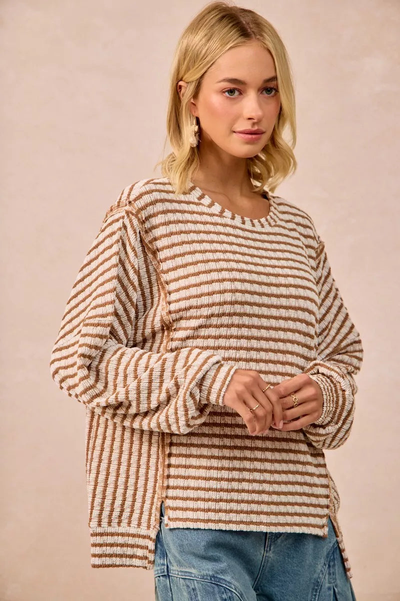 BiBi Open Seam Detail Textured Stripe Knit Top West2East Surf
