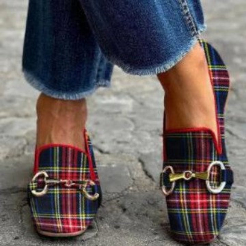 Women's Plaid Square Toe Flats – Buckle Casual Shoes in Red & Blue FitiqueFit