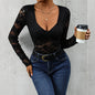 Women’s Lace Long Sleeve Bodysuit – Deep V Neck Solid Top FitiqueFit
