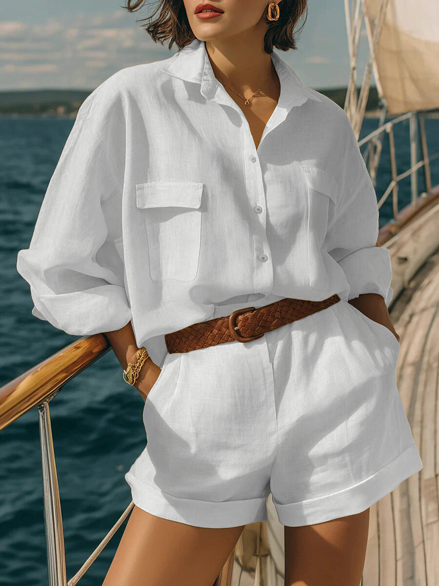 Cotton-Linen Loose-Fit Button-Down Shirt and Shorts Casual Set FitiqueFit