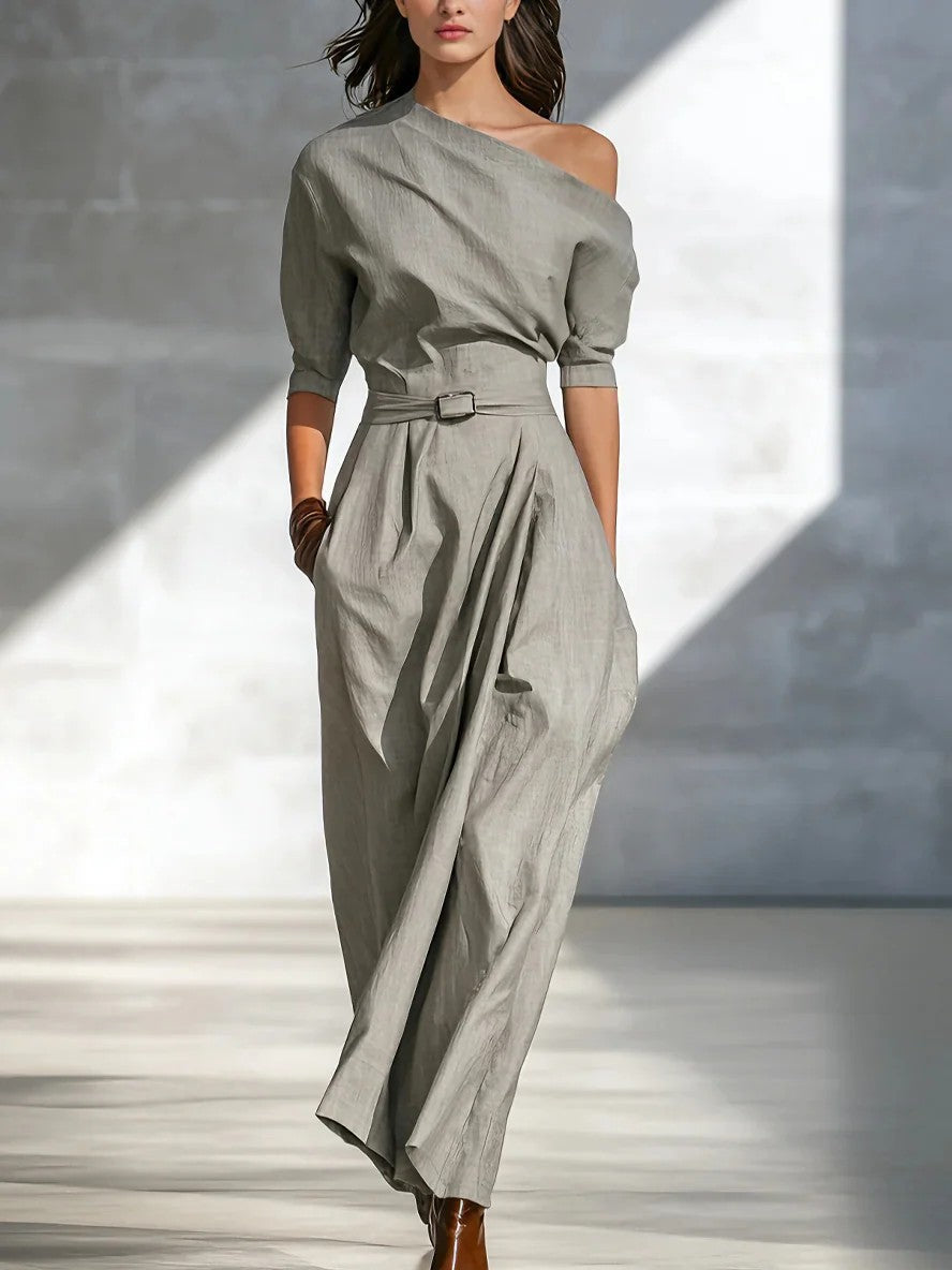 Women’s One-Shoulder Long Dress – Slanted Shoulder Waist-Defined Style FitiqueFit