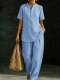 Three-Quarter Sleeve Shirt & Wide-Leg Pants Two-Piece Set – Solid Color Casual FitiqueFit
