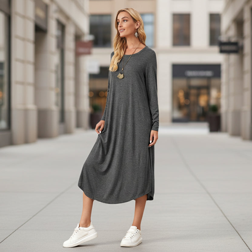 Women's Cotton Maxi Dress – Solid Color Long Sleeve A-Line with Pockets FitiqueFit