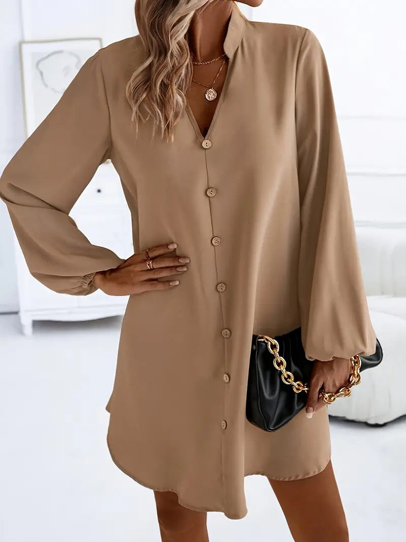 Women's V-Neck Long Sleeve Single-Breasted A-Line Dress FitiqueFit