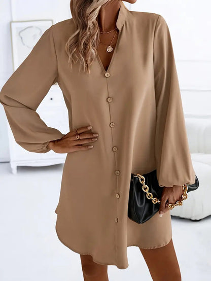 Women's V-Neck Long Sleeve Single-Breasted A-Line Dress FitiqueFit