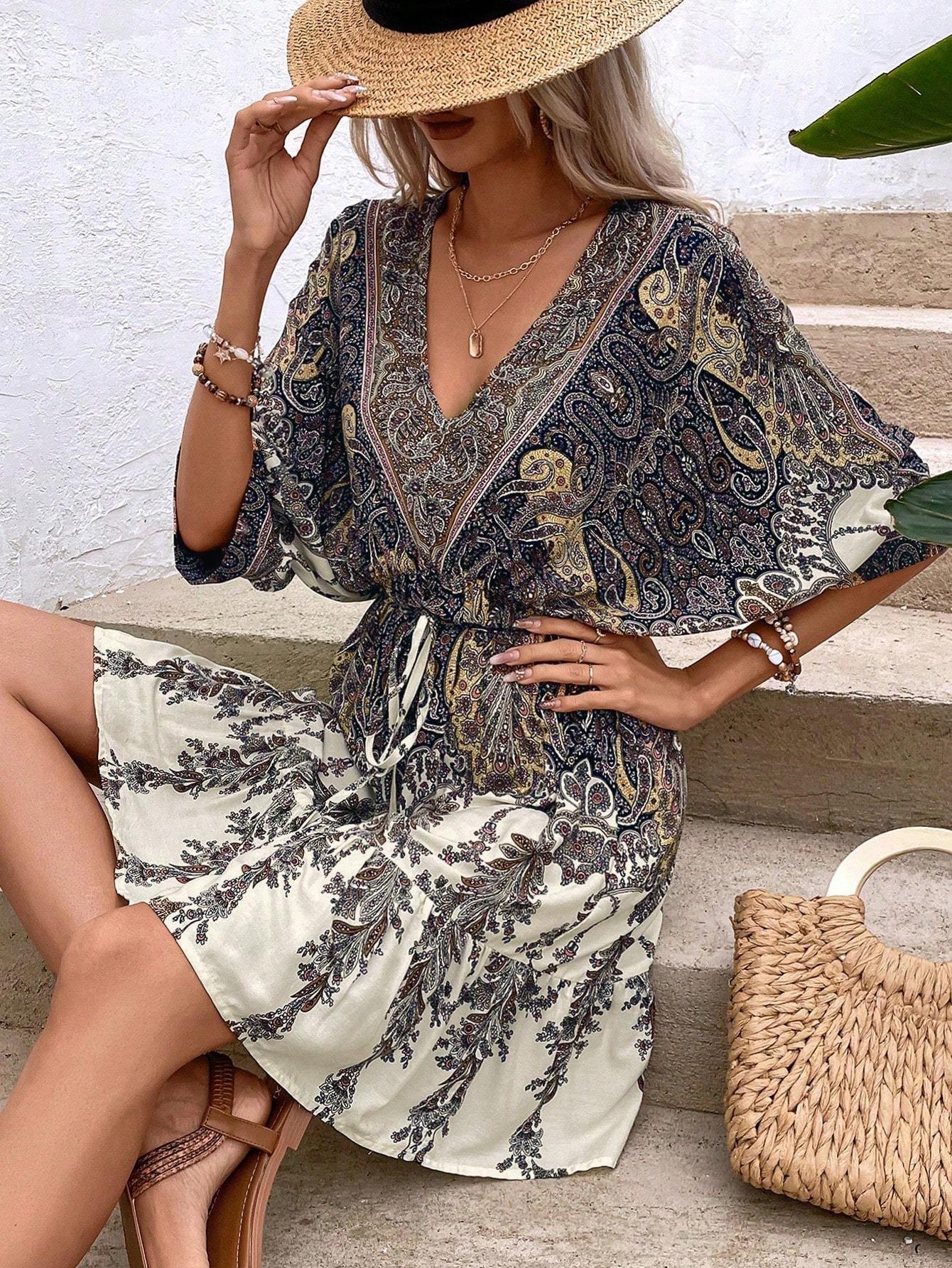 Paisley Print Batwing Sleeve Tassel Tie Front Ruffle Hem Dress FitiqueFit
