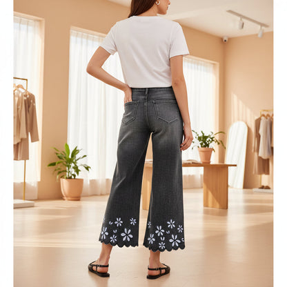 Chrysanthemum Embroidered Cropped Denim Jeans – Women's Loose Straight-Leg FitiqueFit