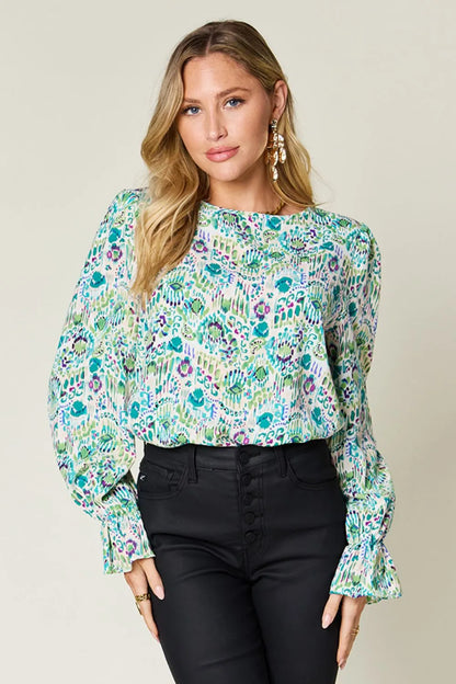 Double Take Full Size Printed Flounce Sleeve Blouse New Era Fashion LLc