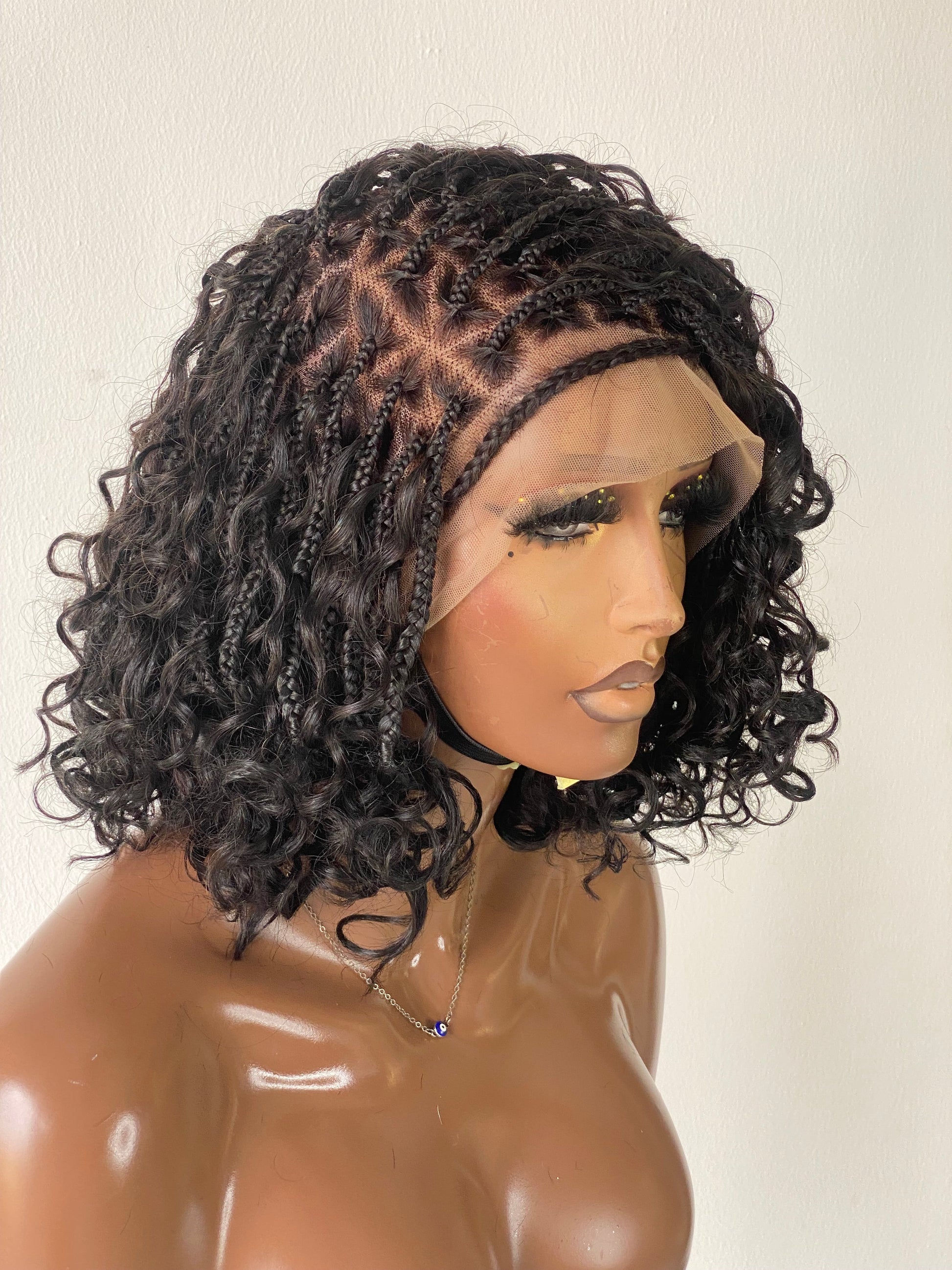 Bob Bohemian Knotless Wig (Human Hair Curls) HD Full Lace, Black Color Tara Poshglad Braided Wigs