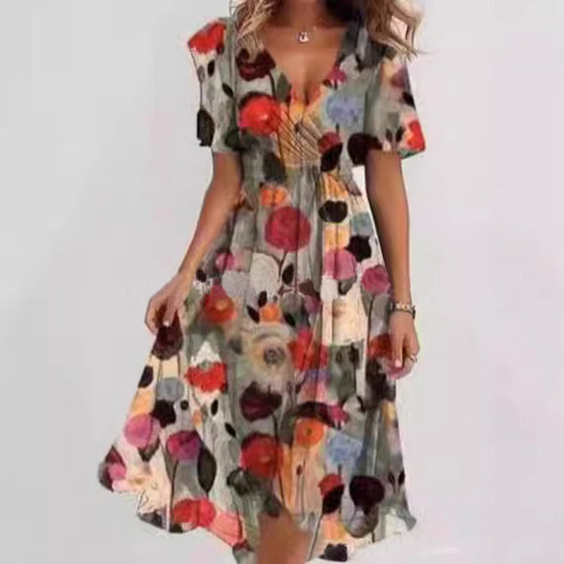 Floral Print A-Line Dress – V-Neck Short Sleeve Midi Dress FitiqueFit