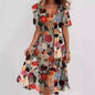 Floral Print A-Line Dress – V-Neck Short Sleeve Midi Dress FitiqueFit