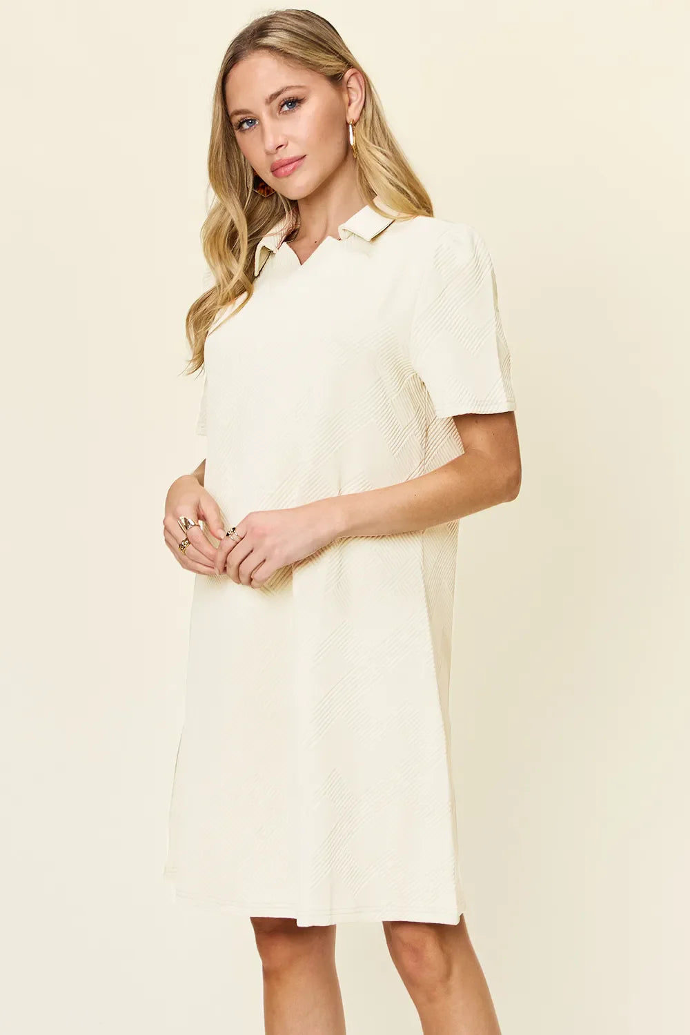 Double Take Full Size Texture Collared Neck Short Sleeve Dress West2East Surf