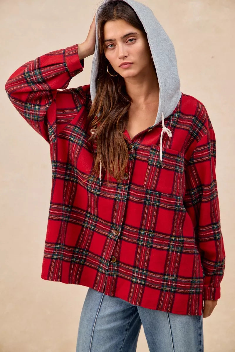 BiBi Brushed Plaid Hooded Jacket FitiqueFit