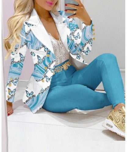 Women's Printed Coat & Trousers Two-Piece Set – 19 Prints, Casual Fashion Suit FitiqueFit