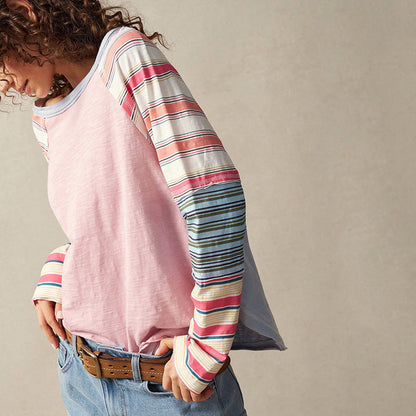 Women's Striped Long Sleeve Top Round Neck Pullover FitiqueFit
