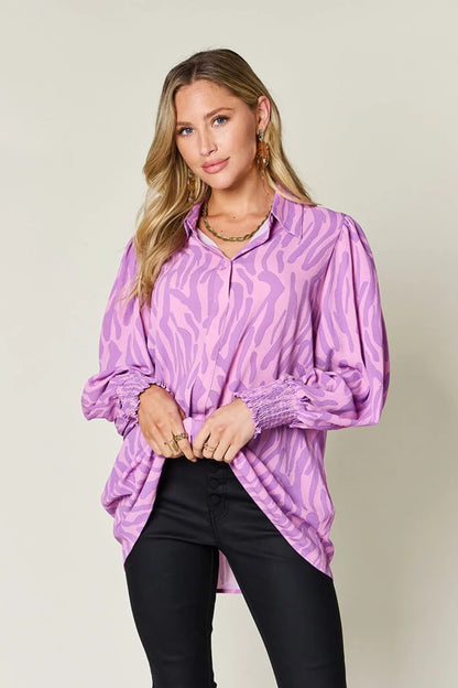Double Take Full Size Printed Smocked Long Sleeve Blouse Plus Size New Era Fashion LLc