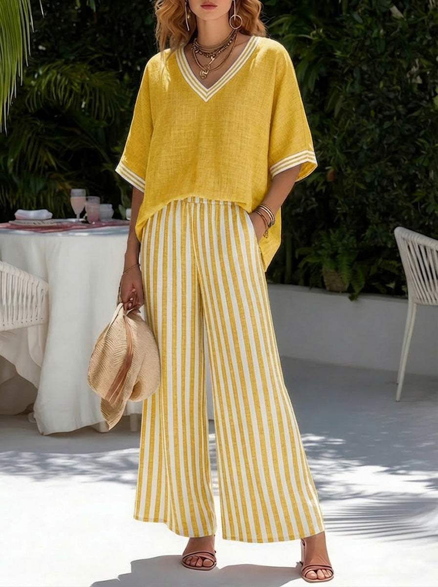 Women's Striped Tunic Top & Casual Trousers Two-Piece Set FitiqueFit