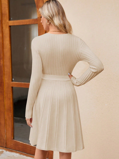 Women's Wrap A-Line Knit Dress Long Sleeve FitiqueFit