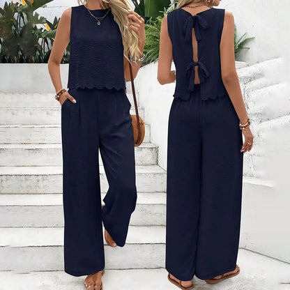 Elegant 2-Piece Matching Set, Sleeveless Crop Top And Wide Leg Pants Outfits FitiqueFit