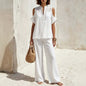Women's Off-Shoulder Short-Sleeve Linen Blend Pantsuit Set FitiqueFit