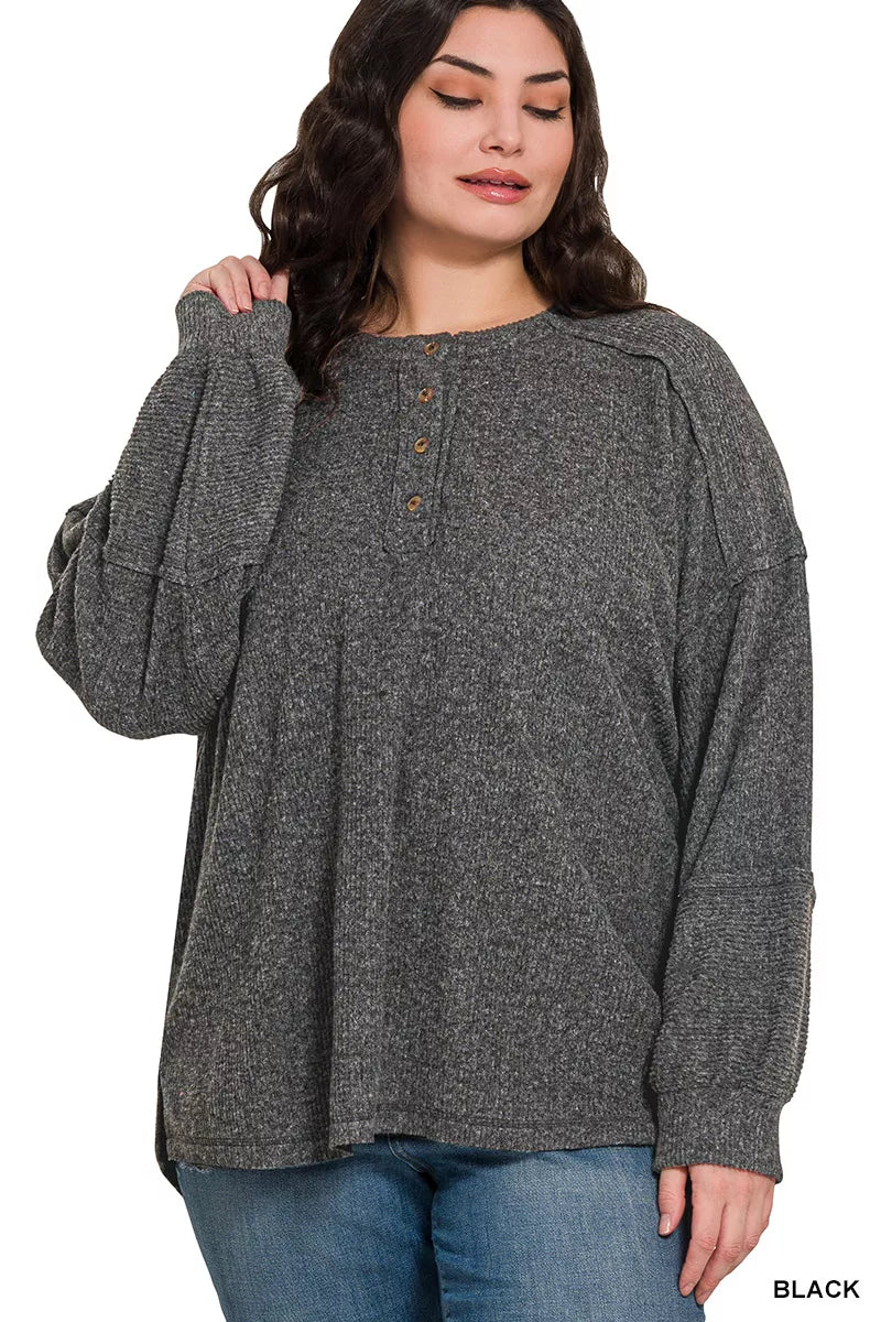 Zenana Full Size Ribbed Brushed Hacci Melange Henley Sweater Plus Size Garden Naked Curves