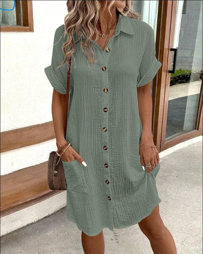 Women's Casual Loose Short-Sleeve Midi Shirt Dress – Button-Down FitiqueFit