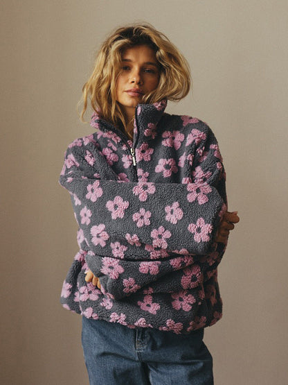 Winter Flowers Lambskin Sweatshirt Women | Cozy Zip-Up Pocket Pullover FitiqueFit