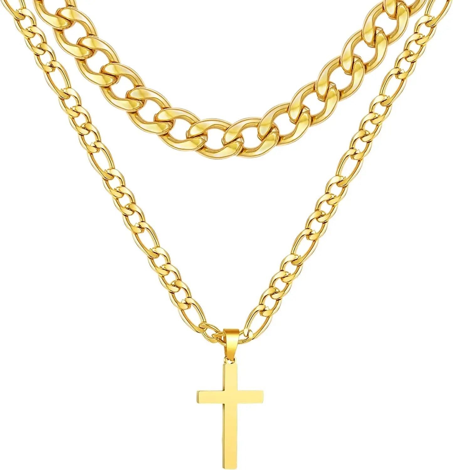 Stylish Layered Gold Cross Necklaces Set for Men and Boys - Durable Stainless Steel Cuban Figaro Pendant Chains - Perfect Religious Gifts for Baptism, First Communion, and Special Occasions
