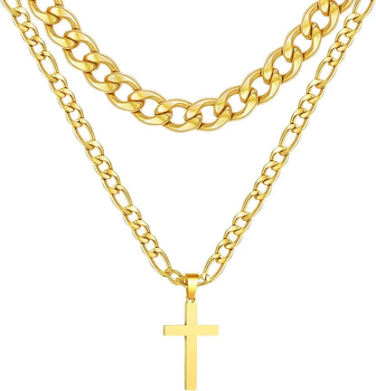 Stylish Layered Gold Cross Necklaces Set for Men and Boys - Durable Stainless Steel Cuban Figaro Pendant Chains - Perfect Religious Gifts for Baptism, First Communion, and Special Occasions