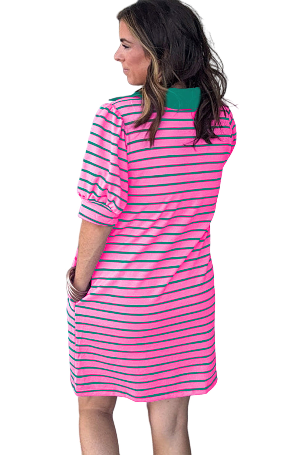 Rose Stripe Collared V Neck Puff Sleeve Shift T Shirt Dress with Pockets Garden Naked Curves