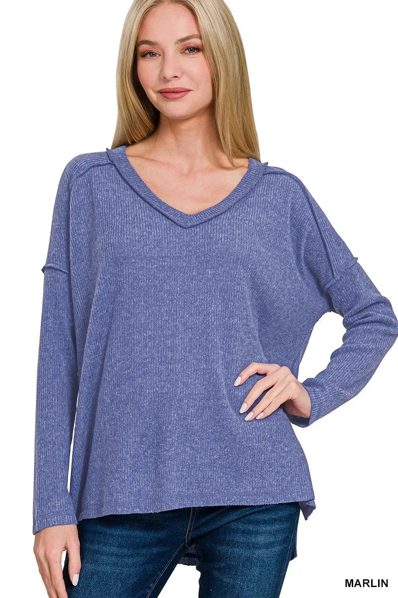 Zenana Full Size Brushed Ribbed Hacci Drop Shoulder V-Neck Sweater Plus Size West2East Surf