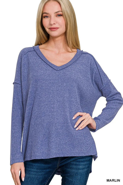 Zenana Full Size Brushed Ribbed Hacci Drop Shoulder V-Neck Sweater Plus Size West2East Surf