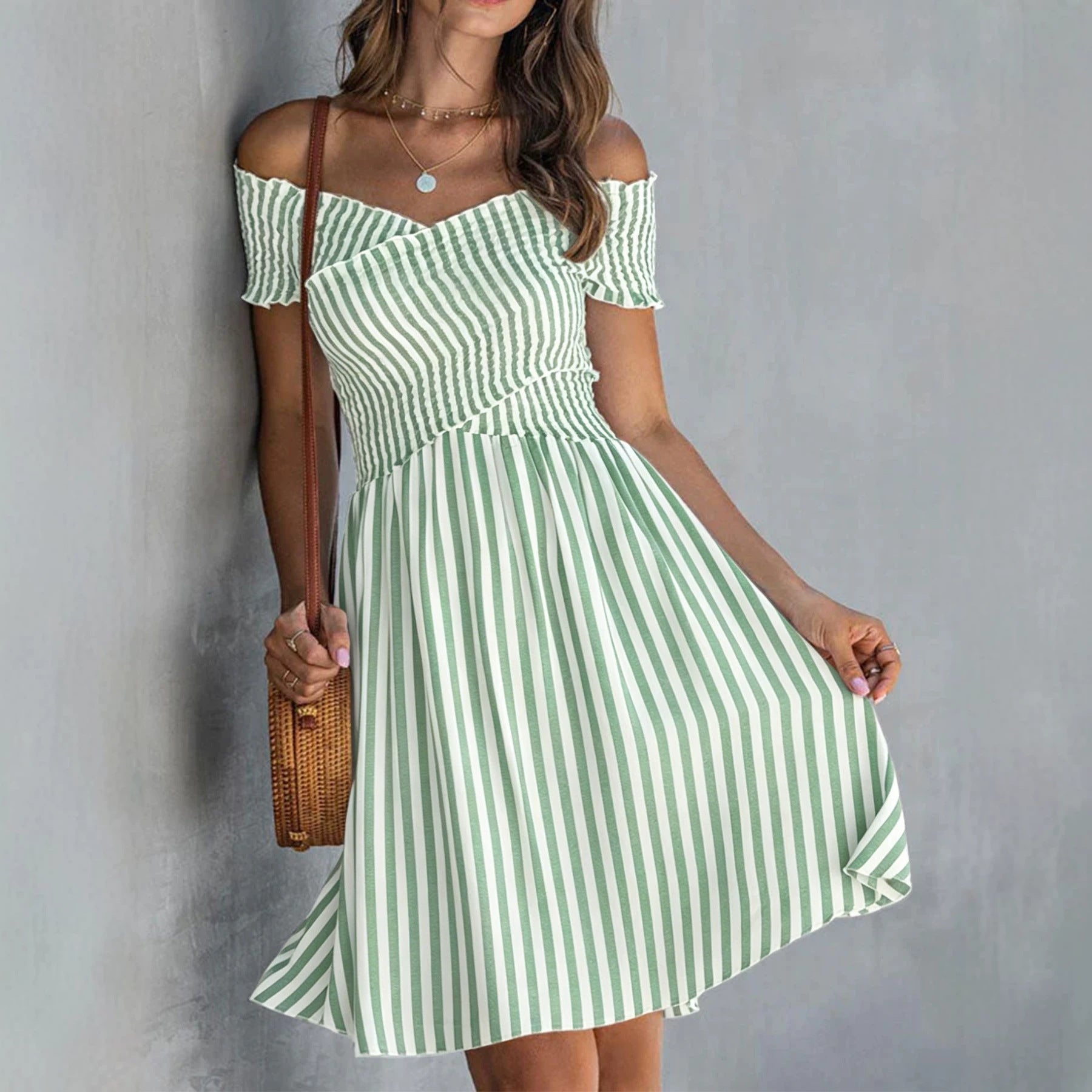 Women's Off-Shoulder Striped Waist-Cinching Midi Dress FitiqueFit