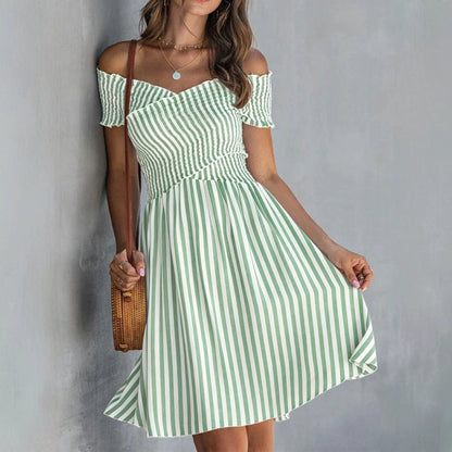 Women's Off-Shoulder Striped Waist-Cinching Midi Dress FitiqueFit