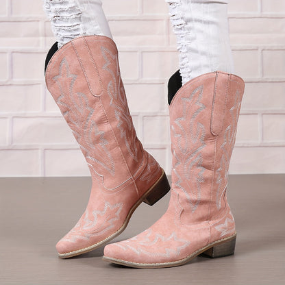 Mid Calf Women's V-cut Embroidery Western Cowgirl Boots