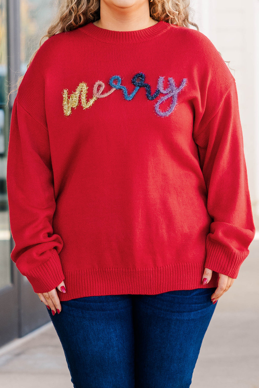 Fiery Red Tinsel merry Pattern Drop Shoulder Plus Size Sweater Garden Naked Curves