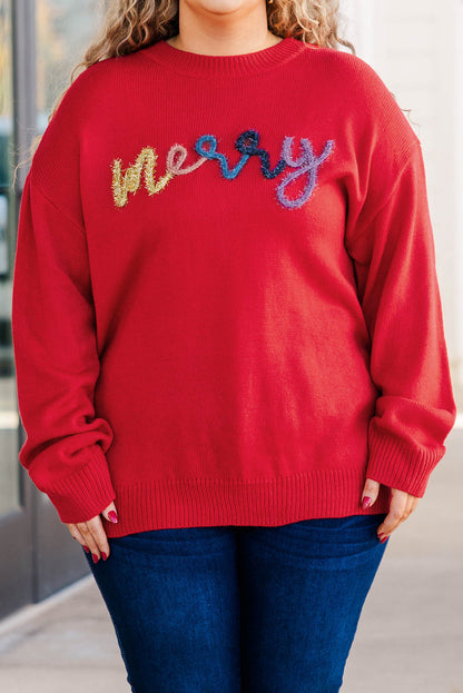 Fiery Red Tinsel merry Pattern Drop Shoulder Plus Size Sweater Garden Naked Curves