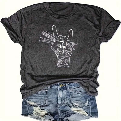 Print Crew Neck T-shirt, Casual Short Sleeve Top FitiqueFit