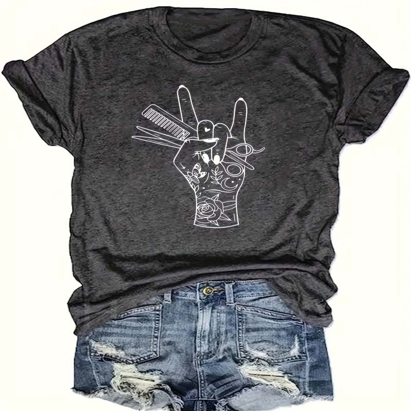 Print Crew Neck T-shirt, Casual Short Sleeve Top FitiqueFit
