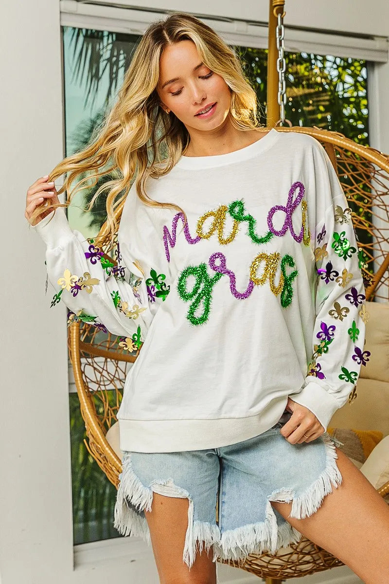 BiBi Fleur De Lis Sleeve Mardi Gras Pullover FitiqueFit