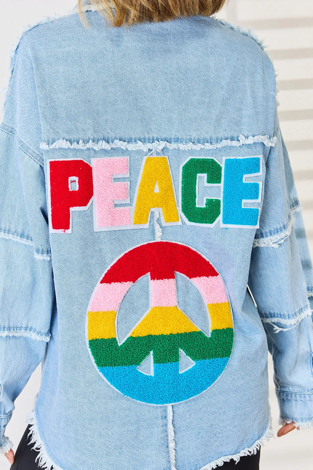 PEACE Raw Hem Dropped Shoulder Denim Top New Era Fashion LLc