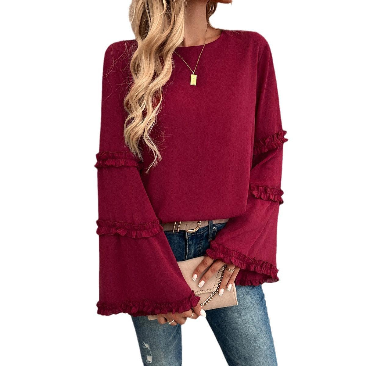 Elegant Socialite Trumpet Sleeved Top – Stylish Ruffled Blouse for Trendy Women Country in My Heart